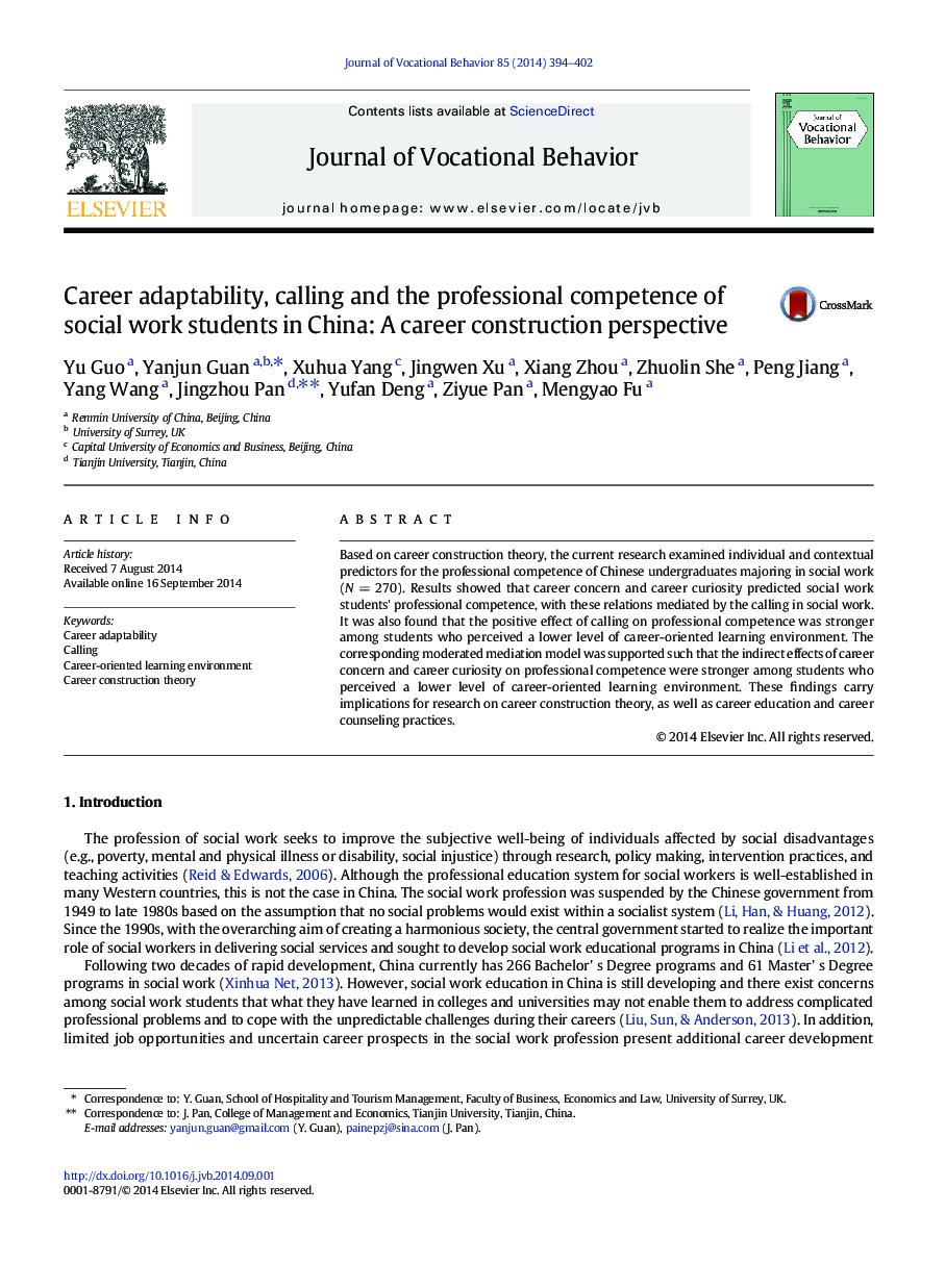 Career adaptability, calling and the professional competence of social work students in China: A career construction perspective