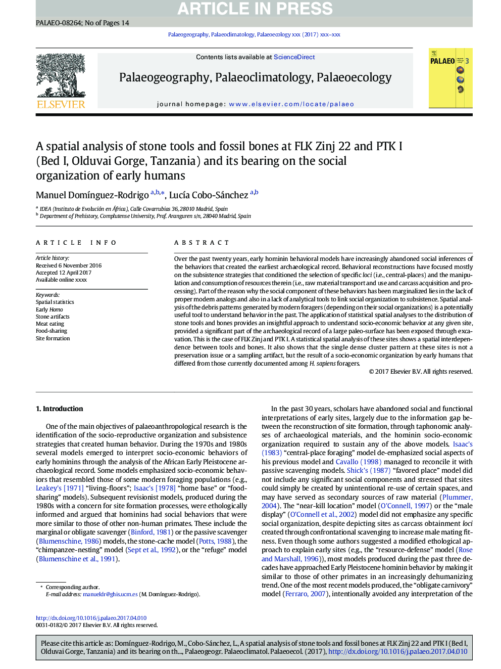 A spatial analysis of stone tools and fossil bones at FLK Zinj 22 and PTK I (Bed I, Olduvai Gorge, Tanzania) and its bearing on the social organization of early humans