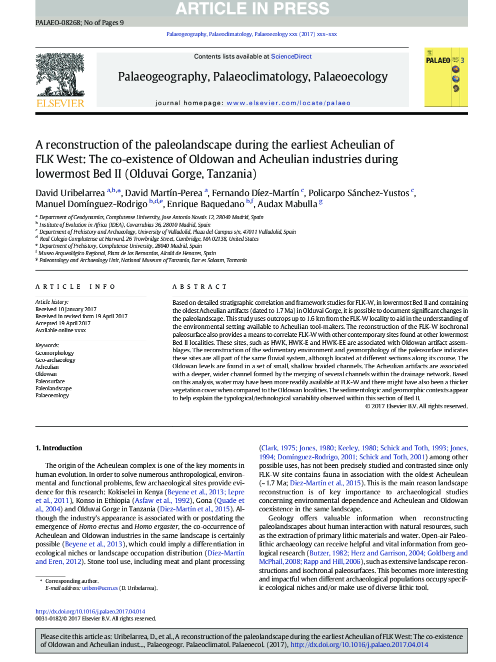 A reconstruction of the paleolandscape during the earliest Acheulian of FLK West: The co-existence of Oldowan and Acheulian industries during lowermost Bed II (Olduvai Gorge, Tanzania)