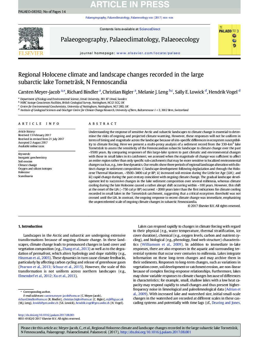 Regional Holocene climate and landscape changes recorded in the large subarctic lake Torneträsk, N Fennoscandia