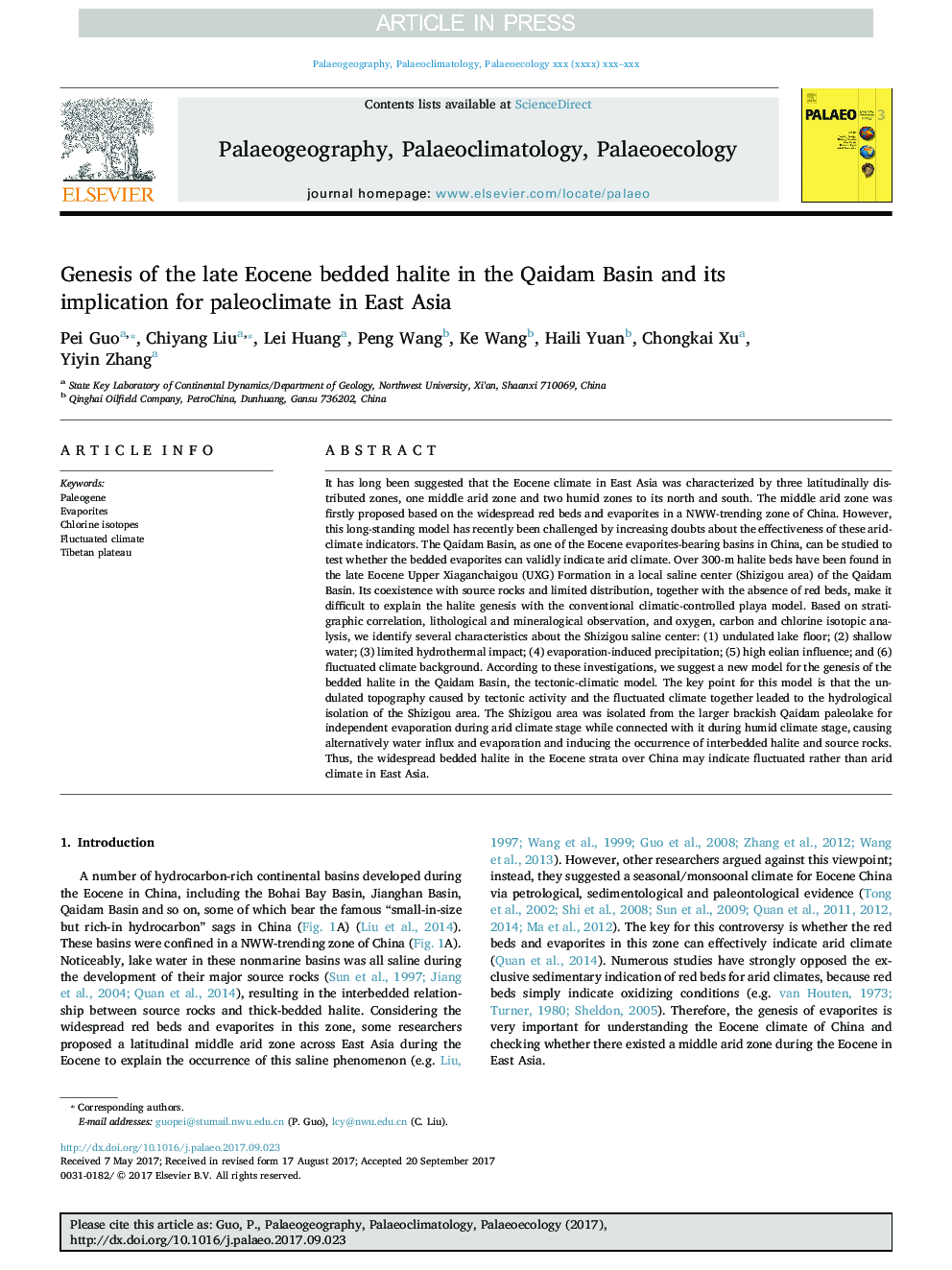 Genesis of the late Eocene bedded halite in the Qaidam Basin and its implication for paleoclimate in East Asia