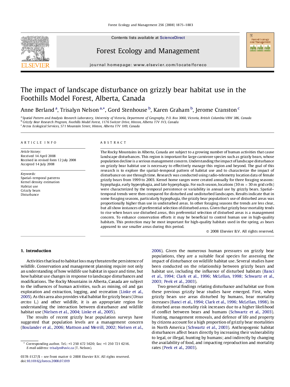 The impact of landscape disturbance on grizzly bear habitat use in the Foothills Model Forest, Alberta, Canada