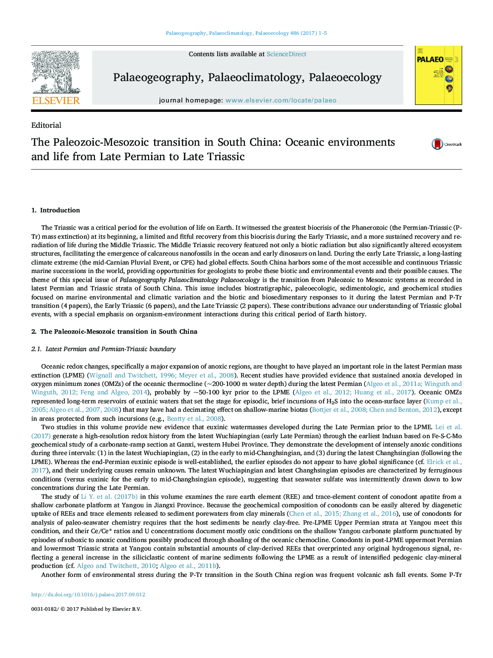 The Paleozoic-Mesozoic transition in South China: Oceanic environments and life from Late Permian to Late Triassic