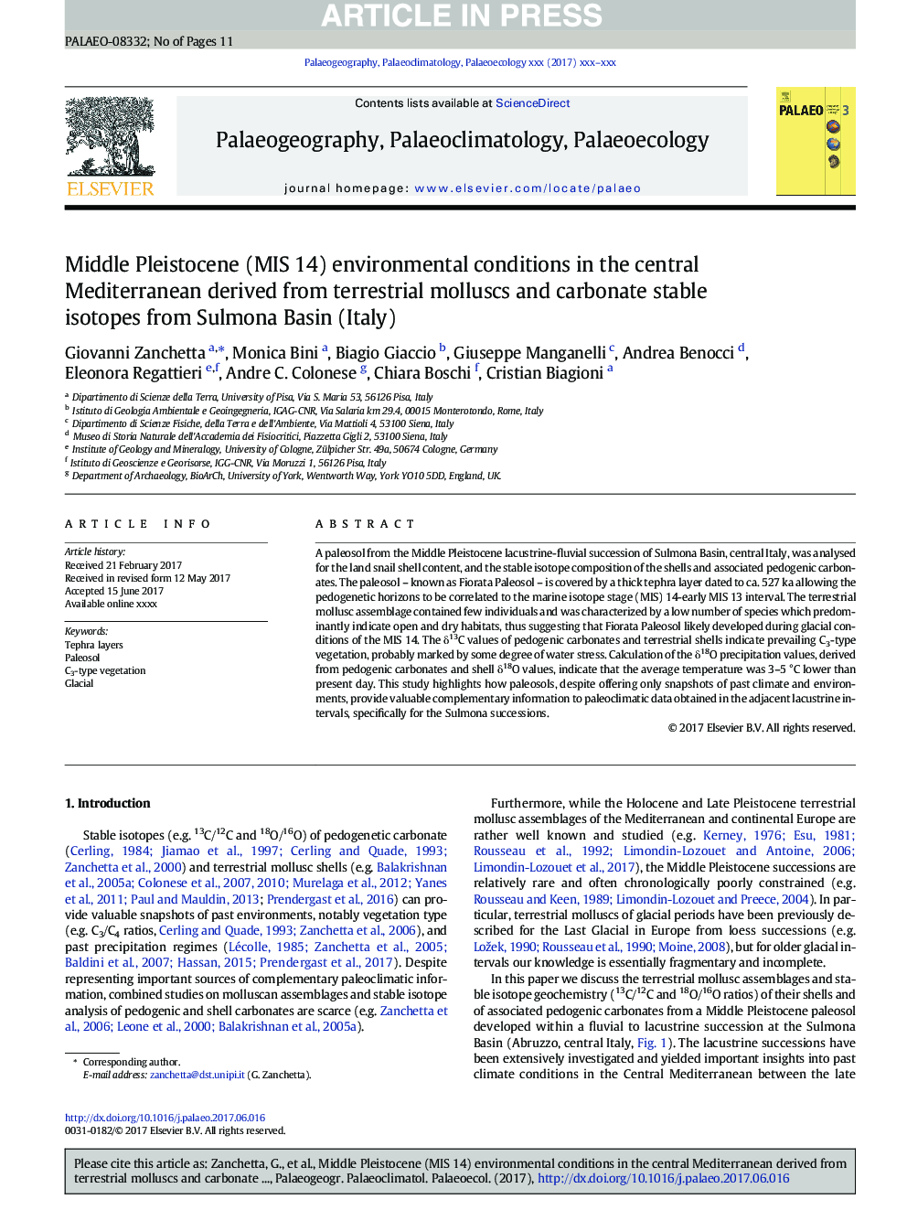 Middle Pleistocene (MIS 14) environmental conditions in the central Mediterranean derived from terrestrial molluscs and carbonate stable isotopes from Sulmona Basin (Italy)