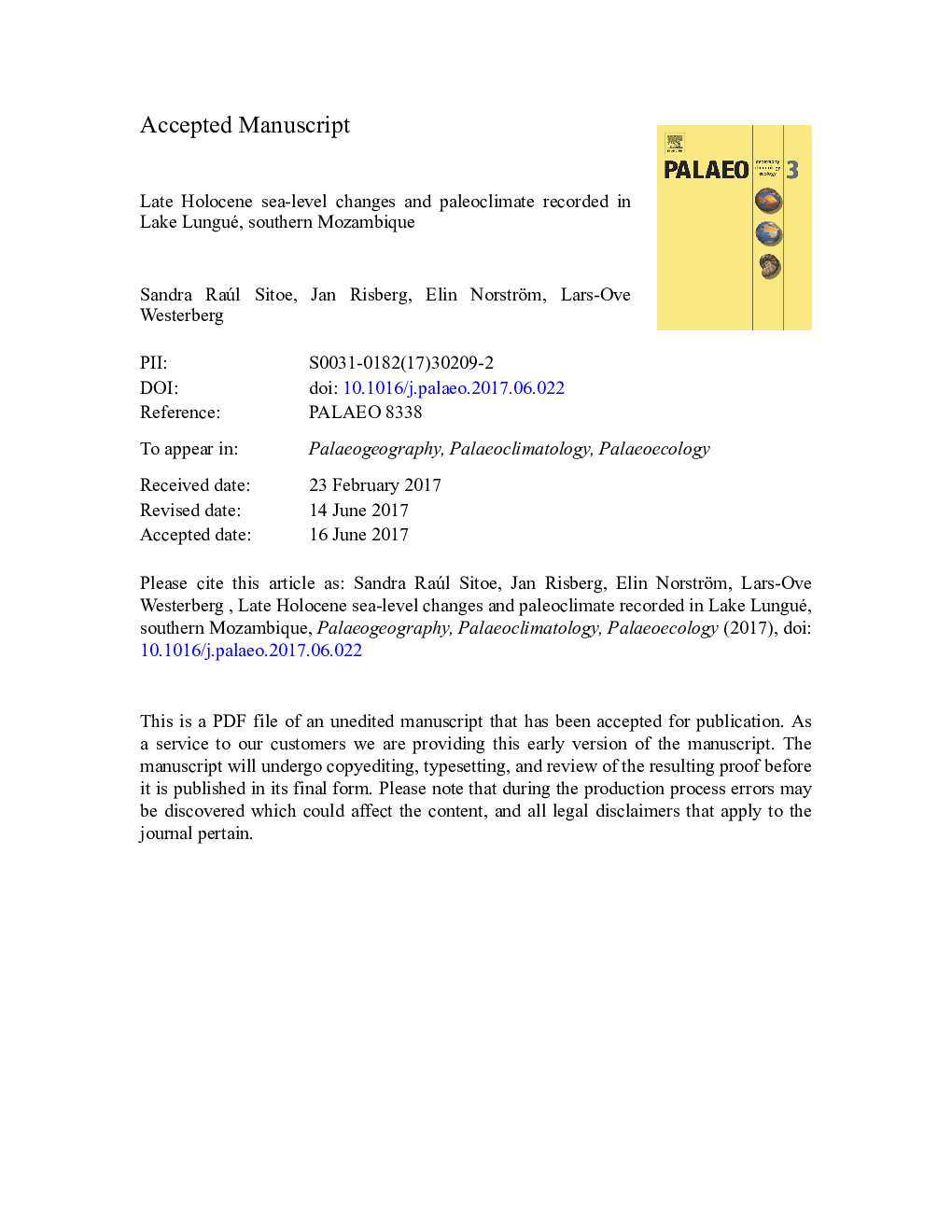 Late Holocene sea-level changes and paleoclimate recorded in Lake Lungué, southern Mozambique