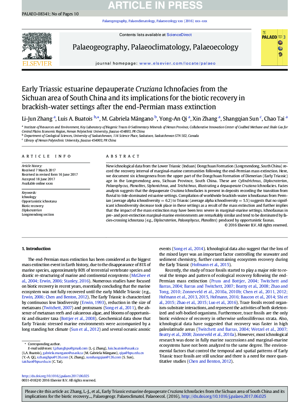 Early Triassic estuarine depauperate Cruziana Ichnofacies from the Sichuan area of South China and its implications for the biotic recovery in brackish-water settings after the end-Permian mass extinction