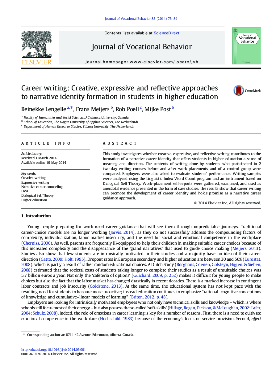 Career writing: Creative, expressive and reflective approaches to narrative identity formation in students in higher education