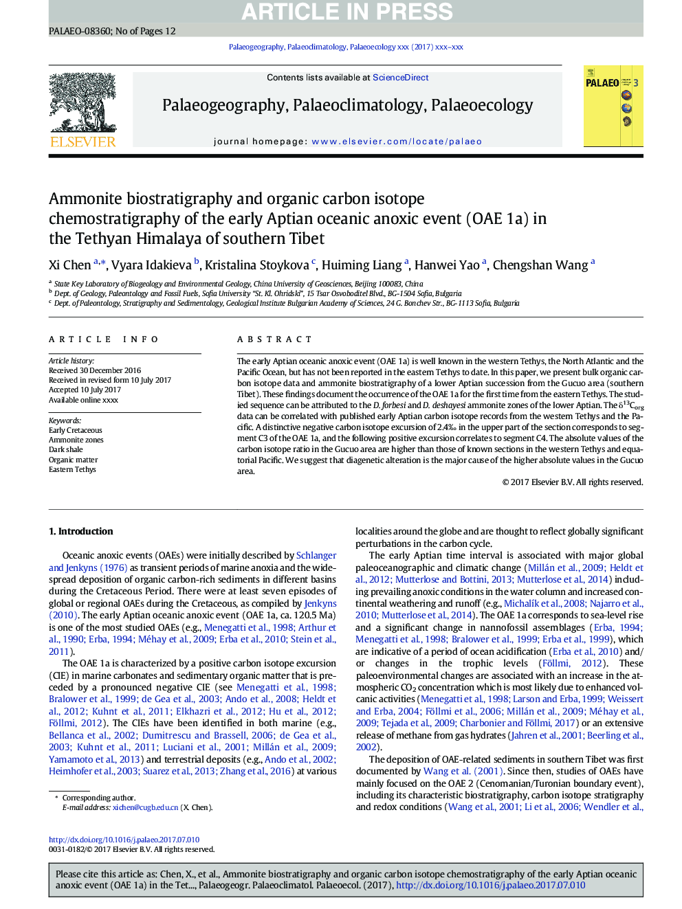 Ammonite biostratigraphy and organic carbon isotope chemostratigraphy of the early Aptian oceanic anoxic event (OAE 1a) in the Tethyan Himalaya of southern Tibet