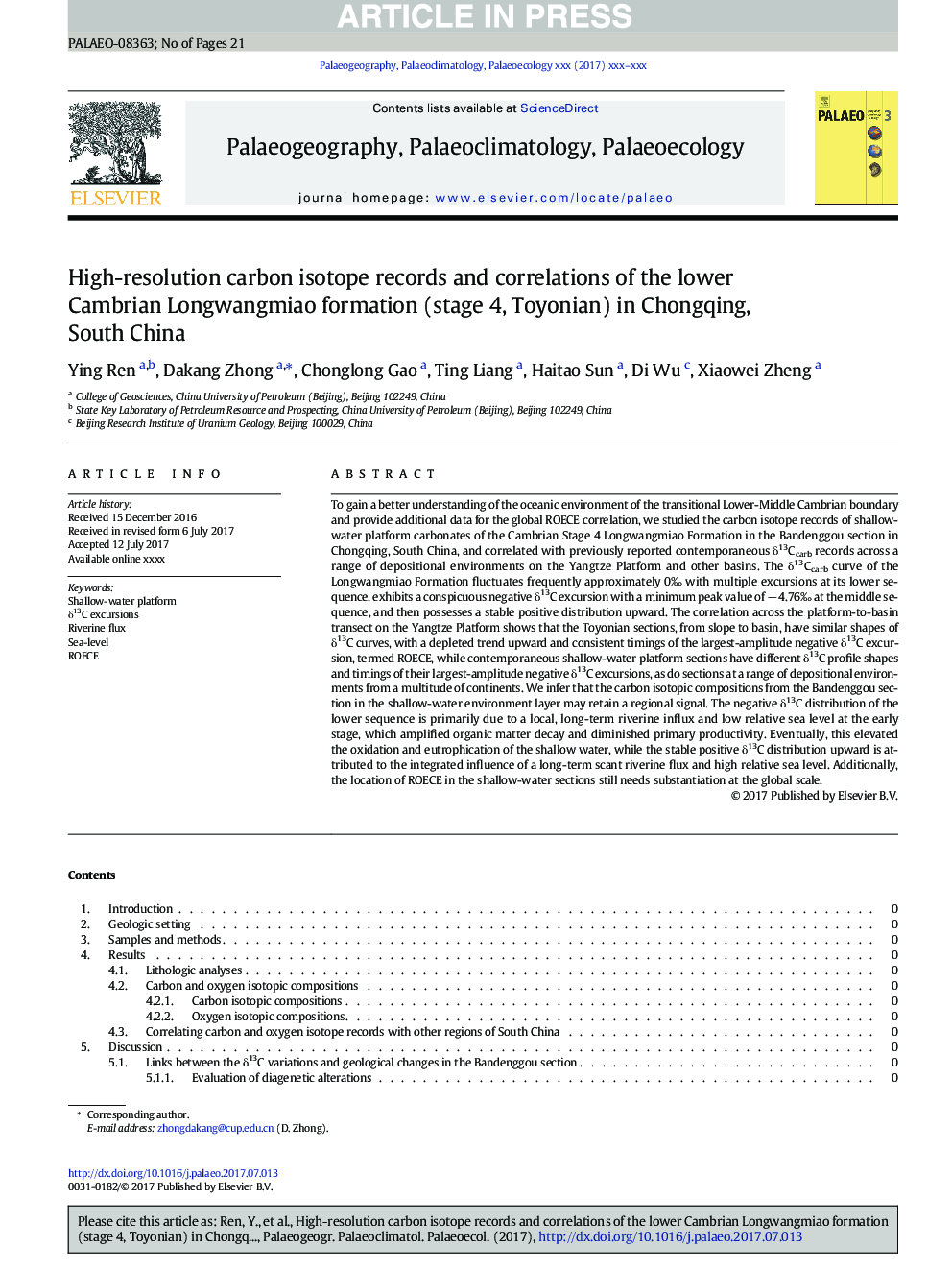 High-resolution carbon isotope records and correlations of the lower Cambrian Longwangmiao formation (stage 4, Toyonian) in Chongqing, South China