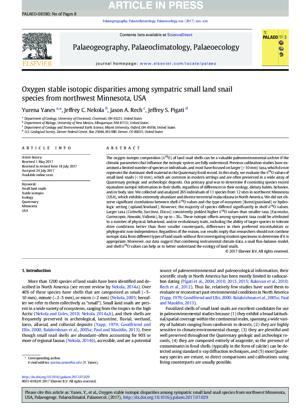 Oxygen stable isotopic disparities among sympatric small land snail species from northwest Minnesota, USA