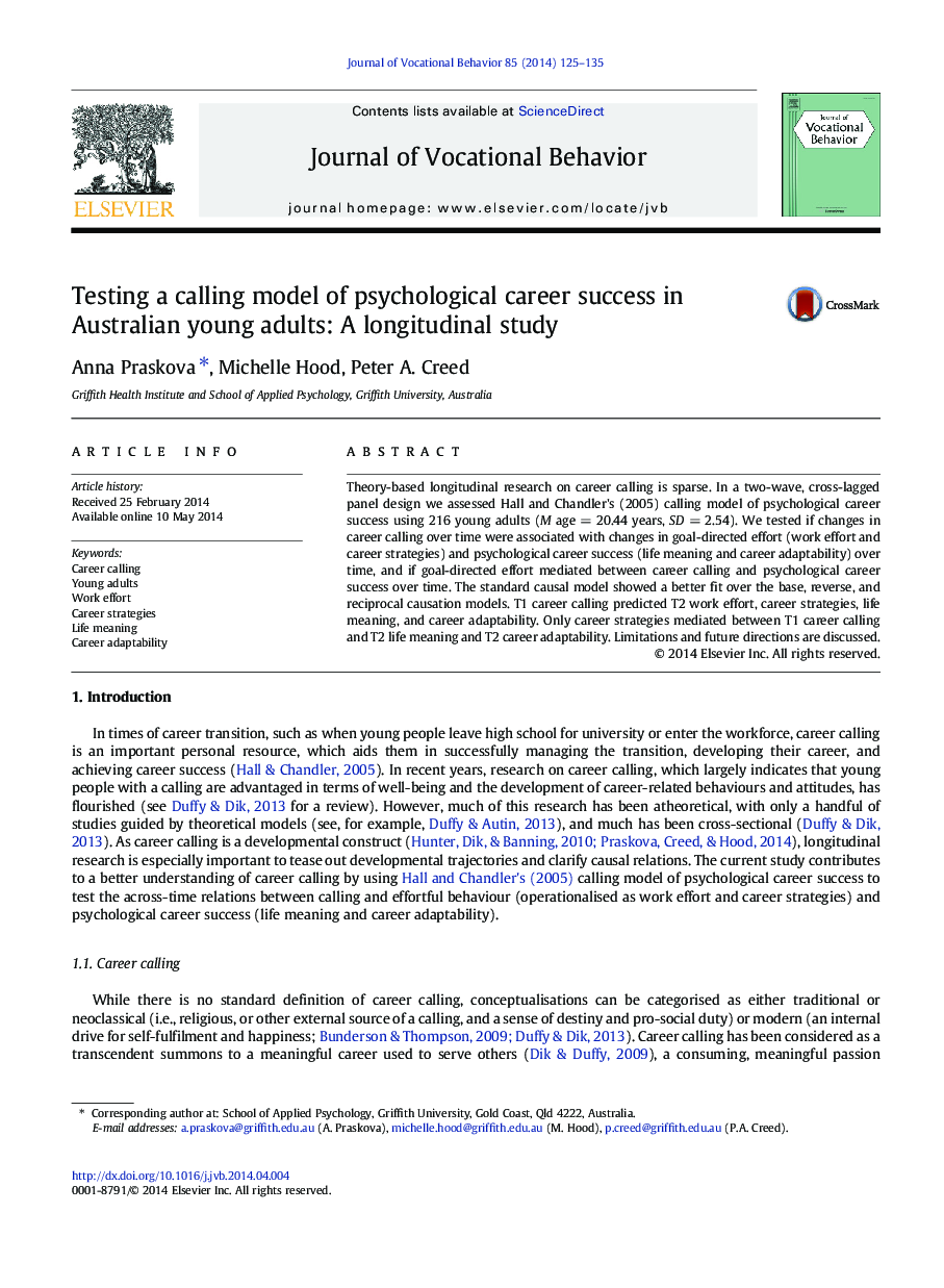 آزمایش یک مدل فراخوانی موفقیت حرفه ای روانشناسی در بزرگسالان استرالیایی: یک مطالعه طولی 