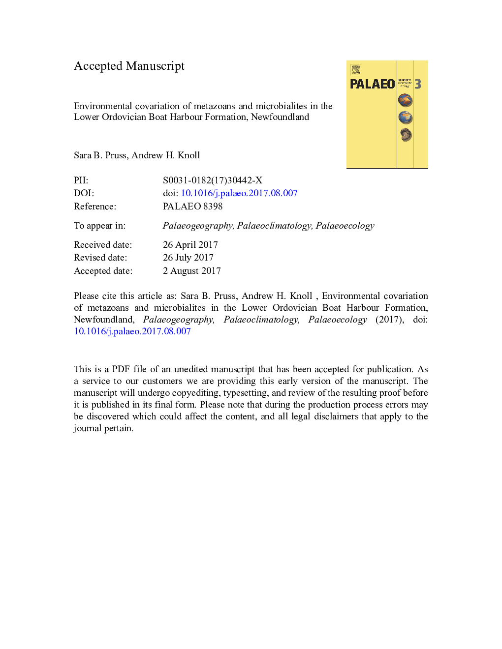 Environmental covariation of metazoans and microbialites in the Lower Ordovician Boat Harbour Formation, Newfoundland