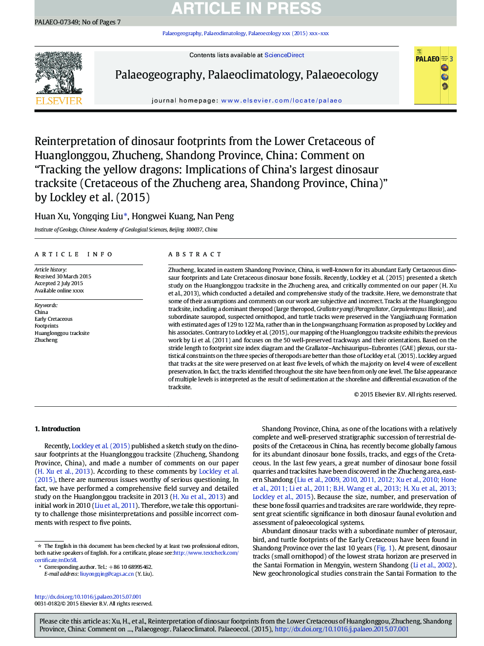 Reinterpretation of dinosaur footprints from the Lower Cretaceous of Huanglonggou, Zhucheng, Shandong Province, China: Comment on “Tracking the yellow dragons: Implications of China's largest dinosaur tracksite (Cretaceous of the Zhucheng area, Shandong P