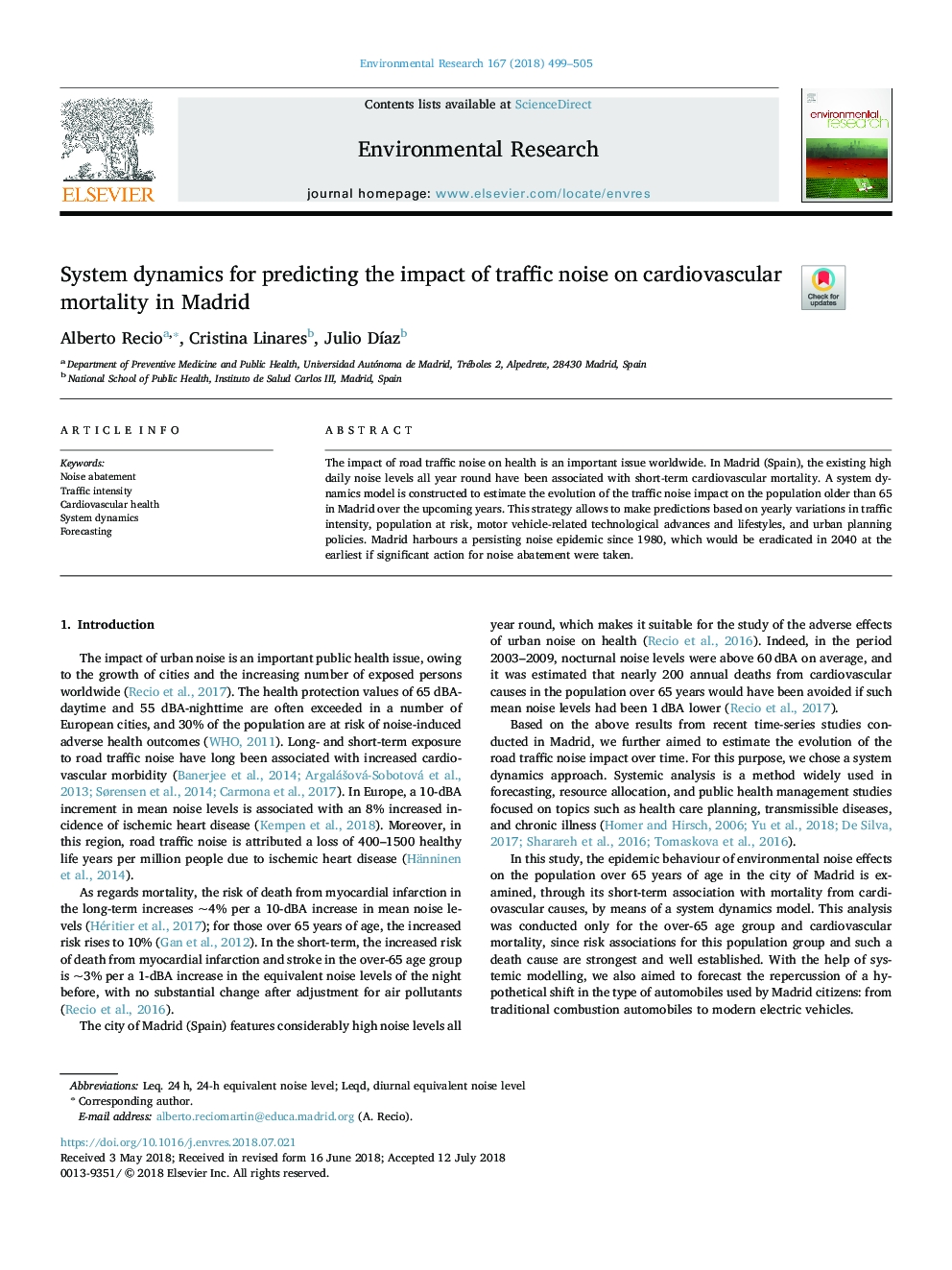 System dynamics for predicting the impact of traffic noise on cardiovascular mortality in Madrid