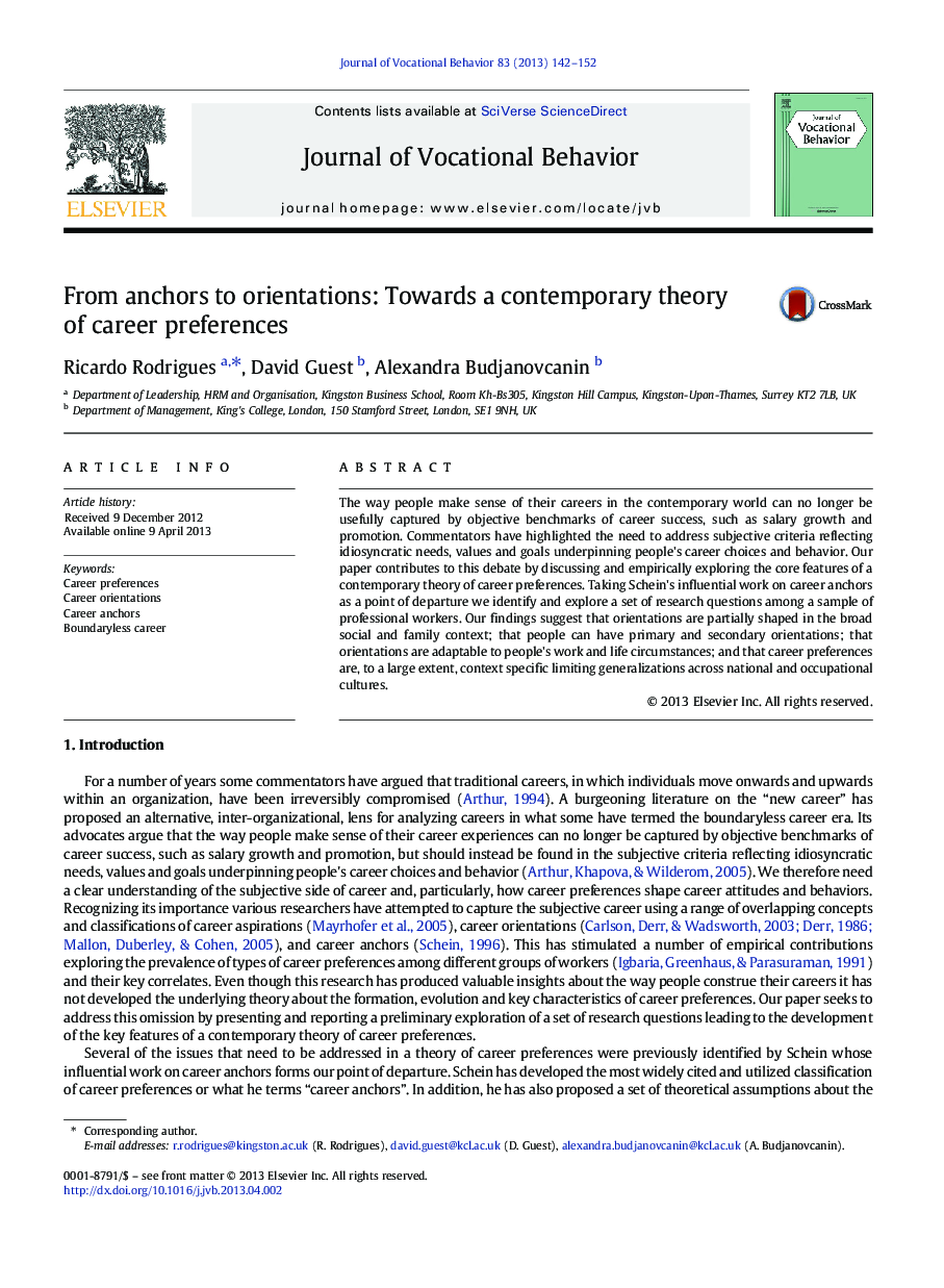 From anchors to orientations: Towards a contemporary theory of career preferences