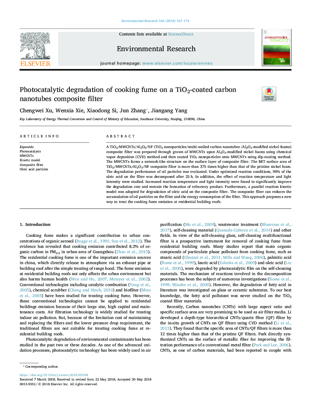 Photocatalytic degradation of cooking fume on a TiO2-coated carbon nanotubes composite filter