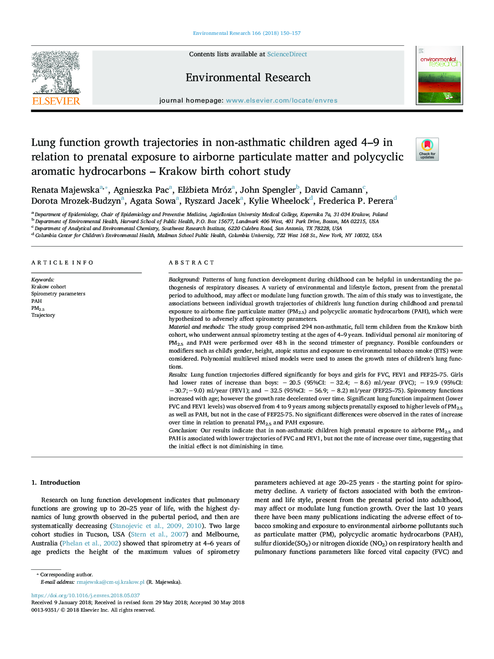 مسیر رشد ریه در کودکان 4 تا 9 ساله غیر مرتبط با آسم در ارتباط با قرار گرفتن در معرض ذرات هوا در هوا و هیدروکربن های آروماتیک چند حلقه ای - مطالعه کوهورت در کراکوف 