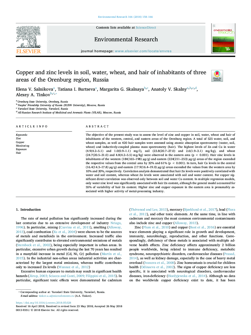 Copper and zinc levels in soil, water, wheat, and hair of inhabitants of three areas of the Orenburg region, Russia