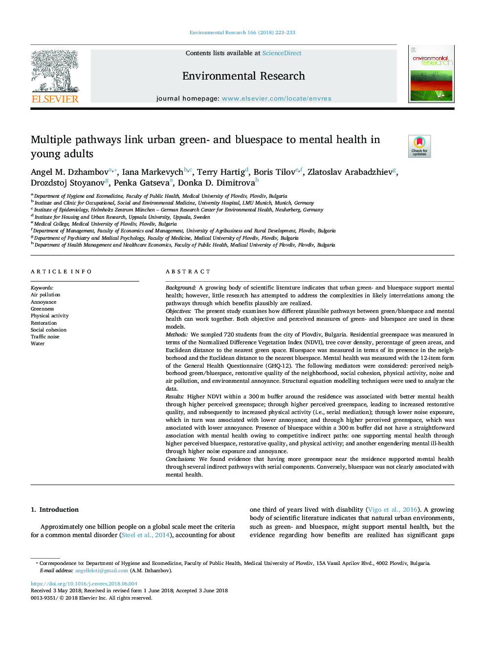 Multiple pathways link urban green- and bluespace to mental health in young adults