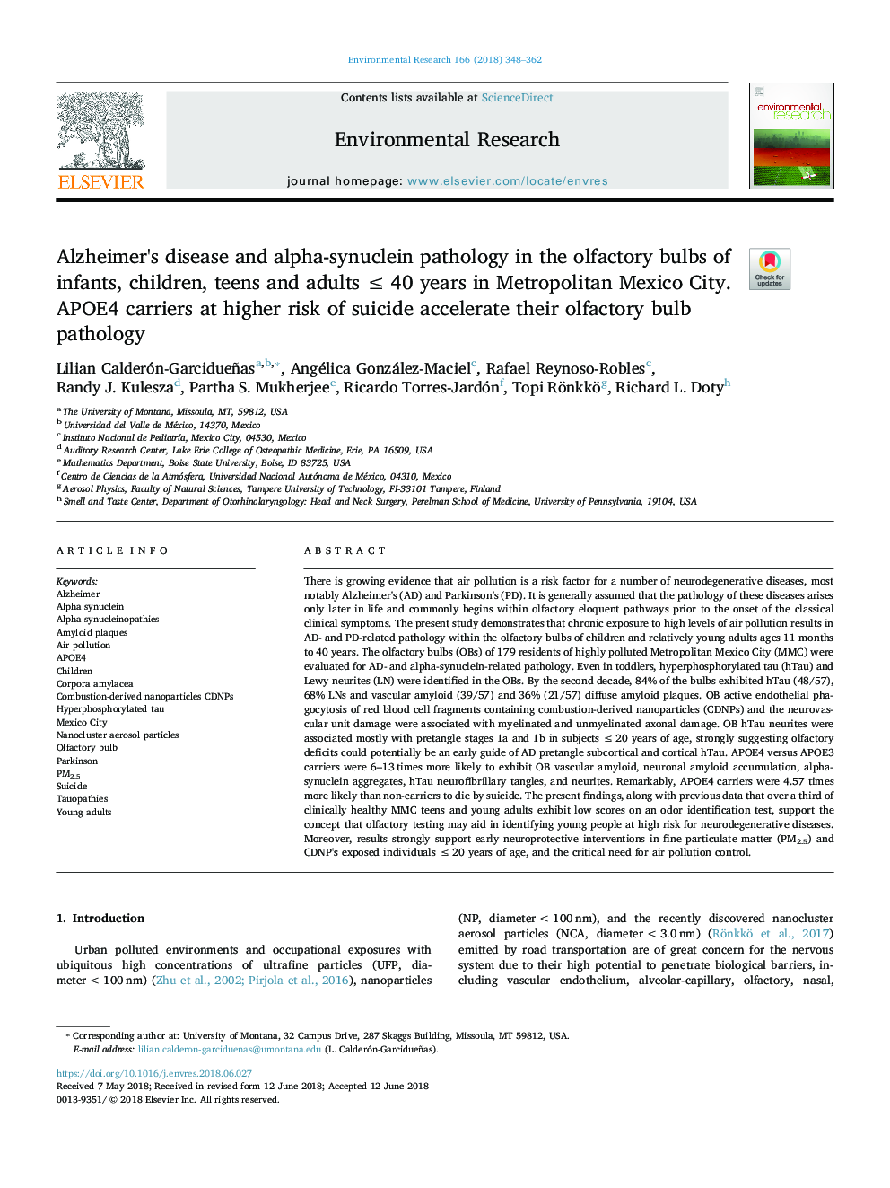 Alzheimer's disease and alpha-synuclein pathology in the olfactory bulbs of infants, children, teens and adults â¤â¯40 years in Metropolitan Mexico City. APOE4 carriers at higher risk of suicide accelerate their olfactory bulb pathology