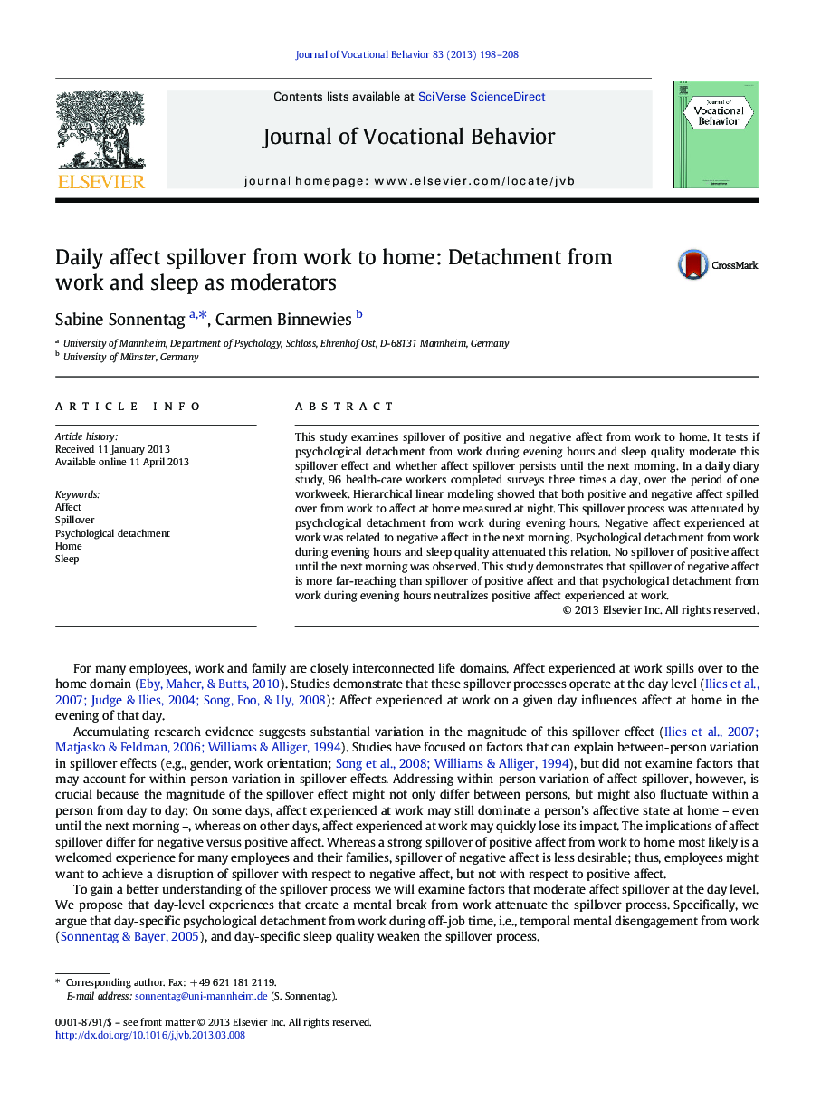 Daily affect spillover from work to home: Detachment from work and sleep as moderators