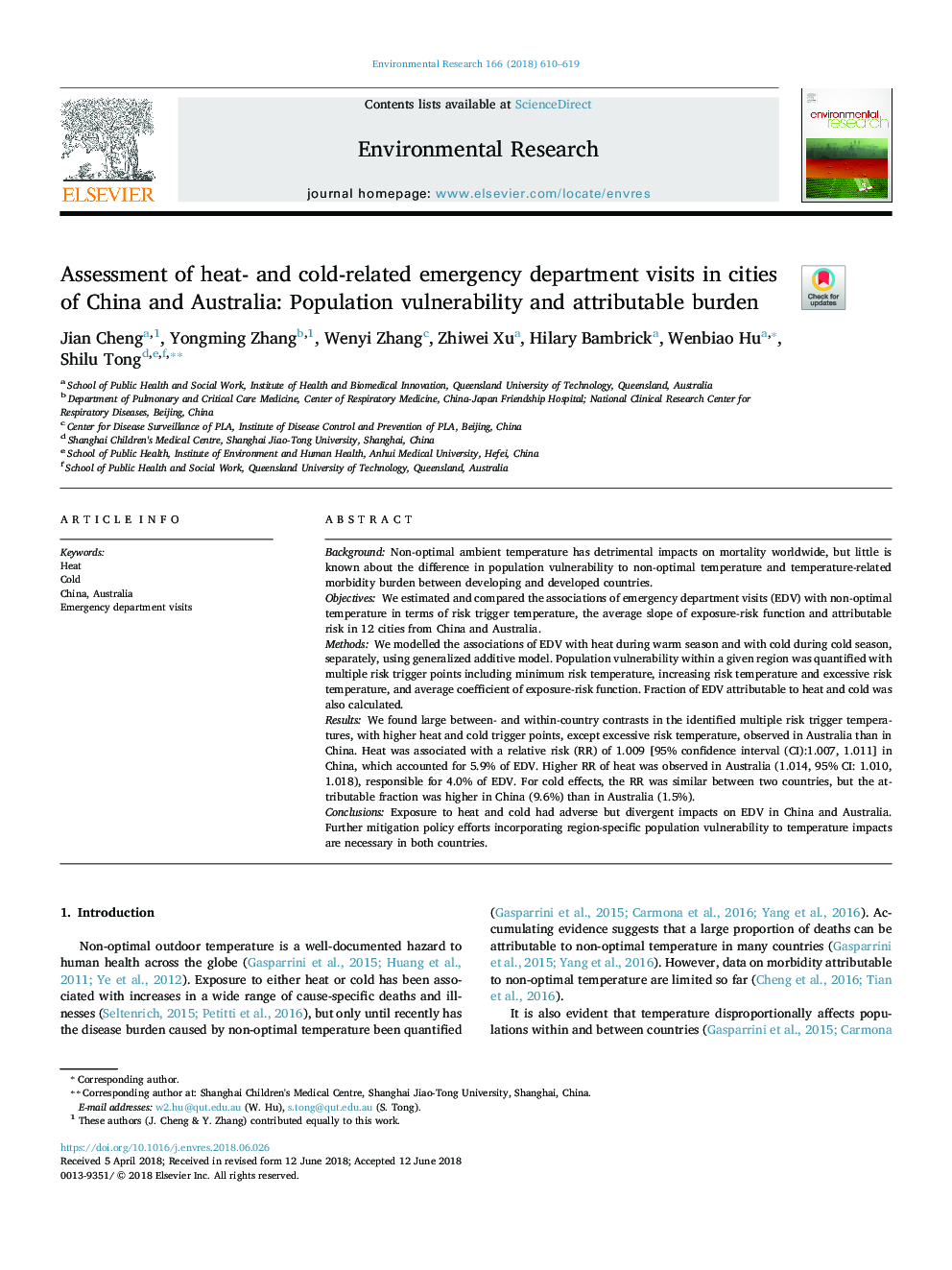 Assessment of heat- and cold-related emergency department visits in cities of China and Australia: Population vulnerability and attributable burden