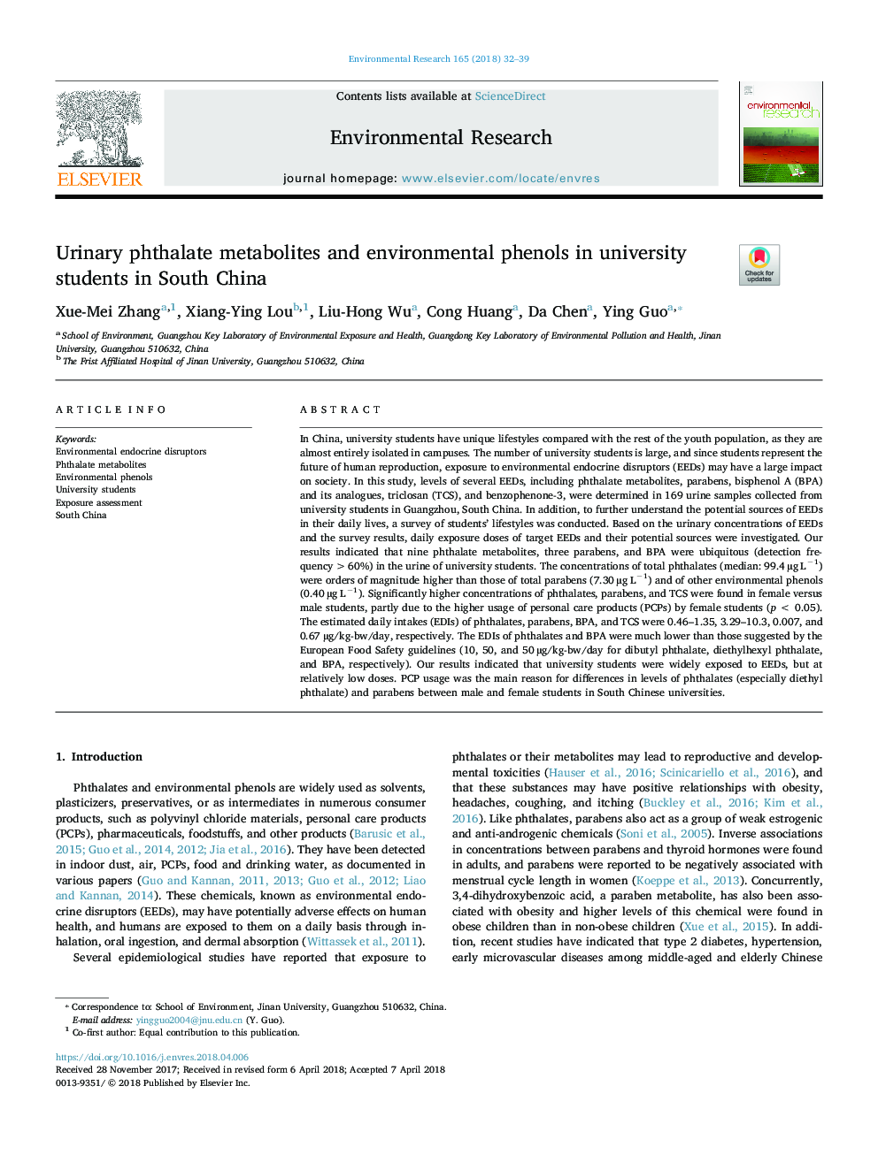 Urinary phthalate metabolites and environmental phenols in university students in South China