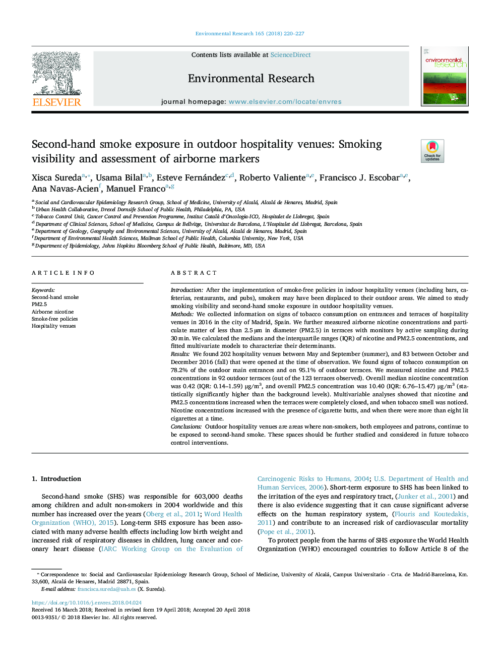 Second-hand smoke exposure in outdoor hospitality venues: Smoking visibility and assessment of airborne markers