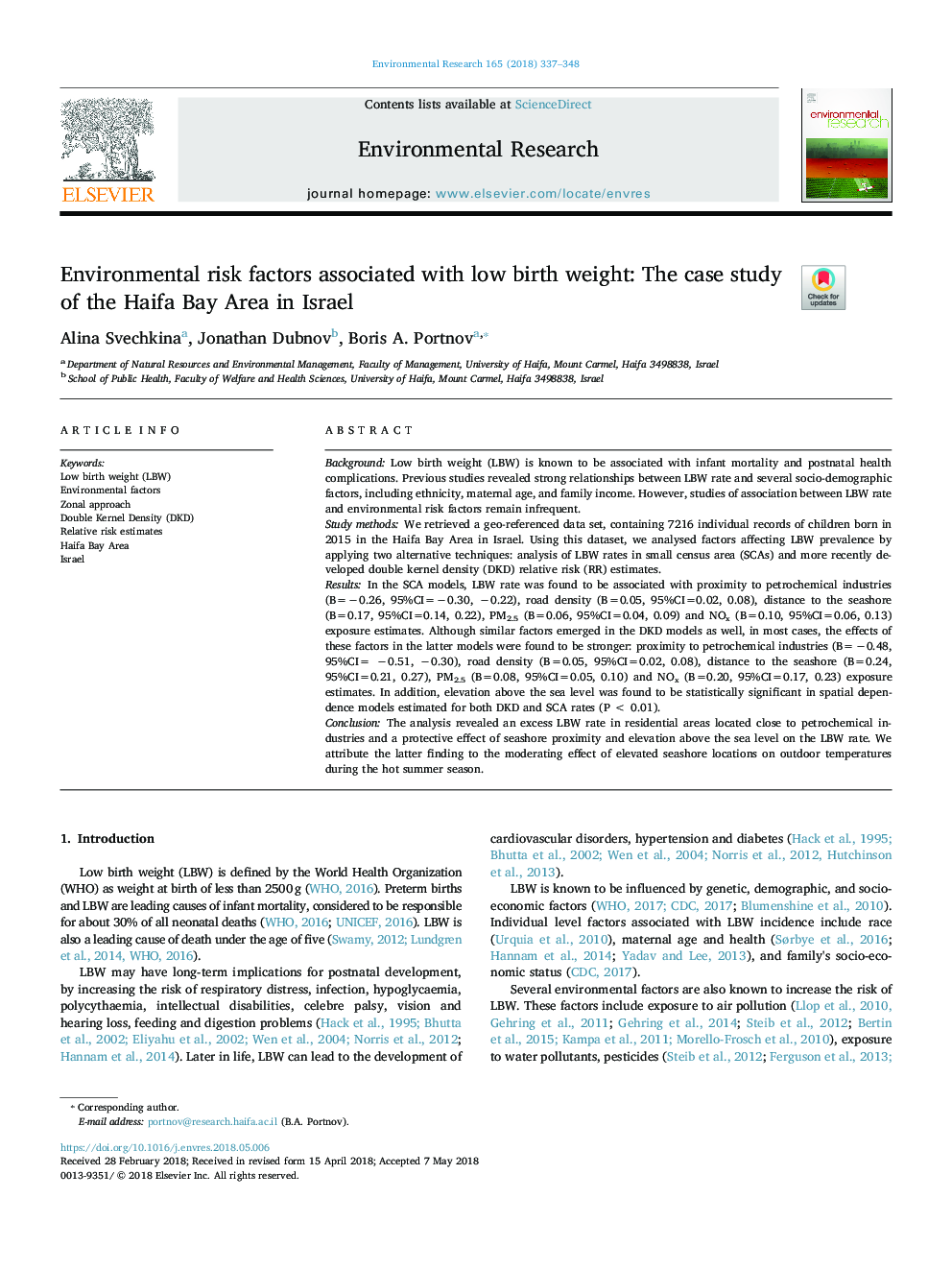 عوامل خطر زیست محیطی همراه با وزن کم هنگام تولد: مطالعه موردی منطقه خلیج حیفا در اسرائیل 
