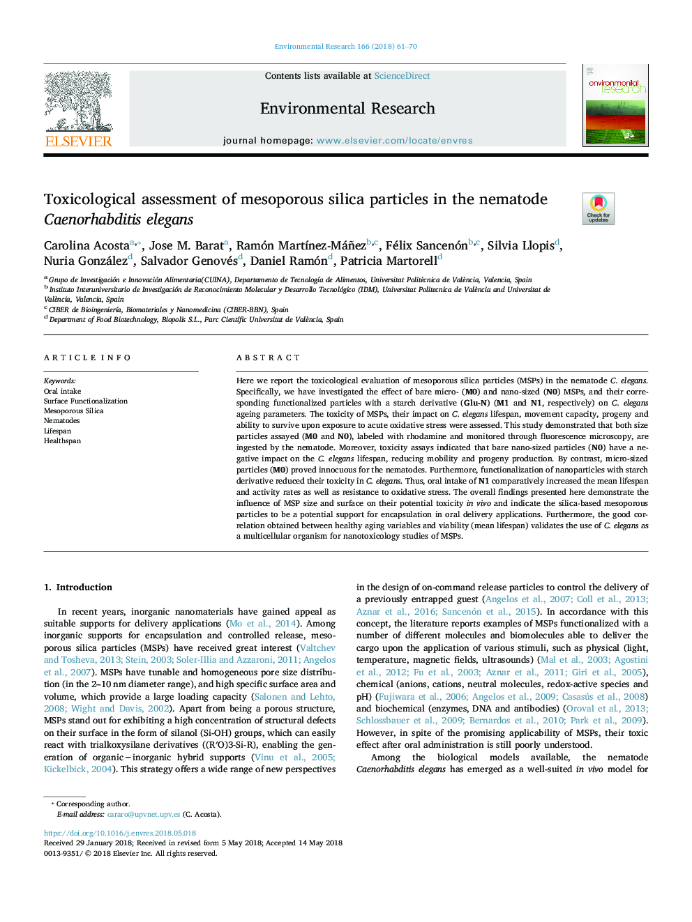 Toxicological assessment of mesoporous silica particles in the nematode Caenorhabditis elegans