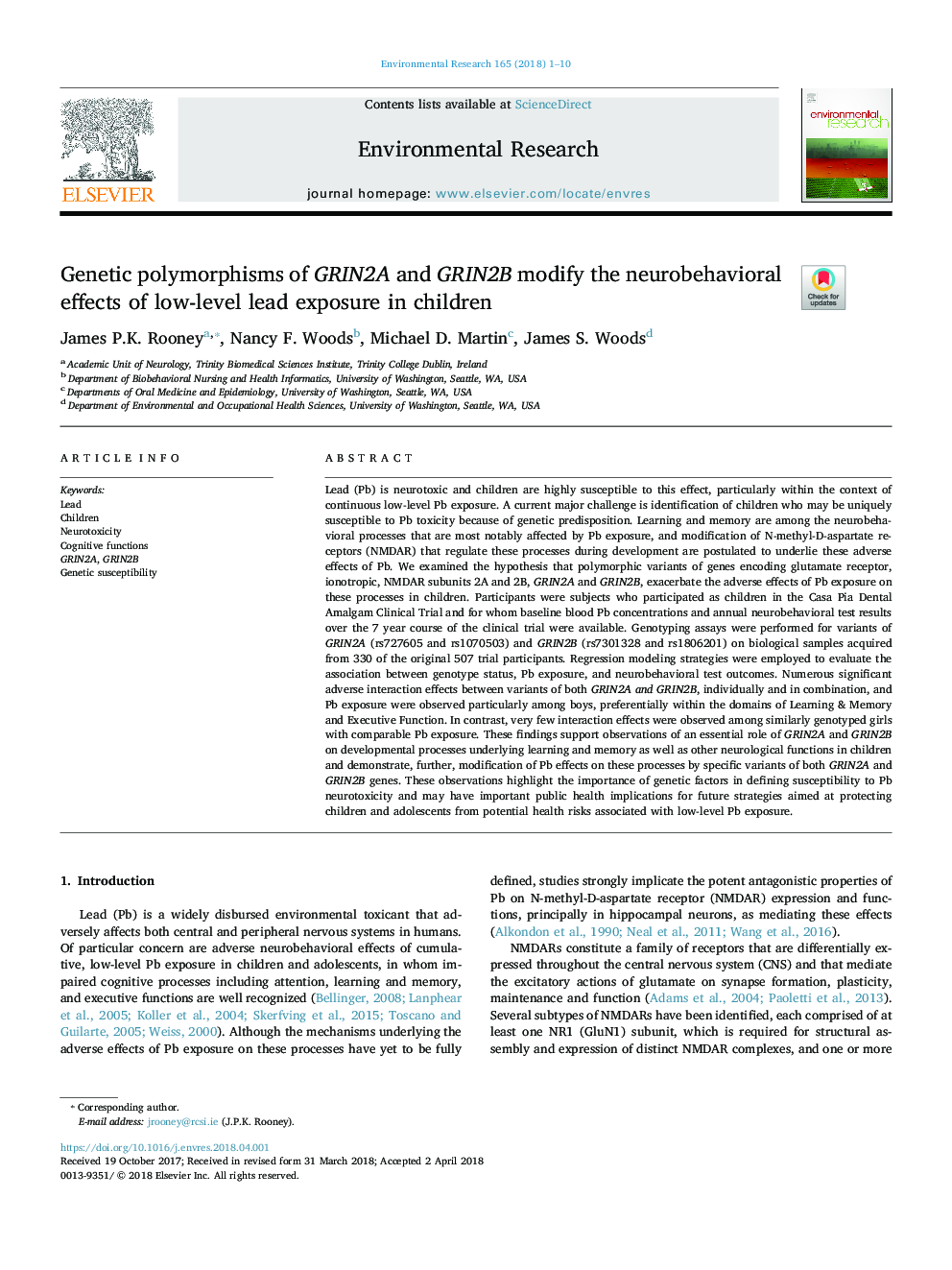 Genetic polymorphisms of GRIN2A and GRIN2B modify the neurobehavioral effects of low-level lead exposure in children