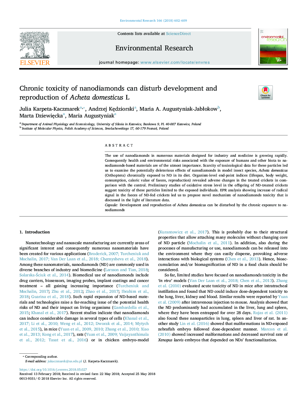 Chronic toxicity of nanodiamonds can disturb development and reproduction of Acheta domesticus L