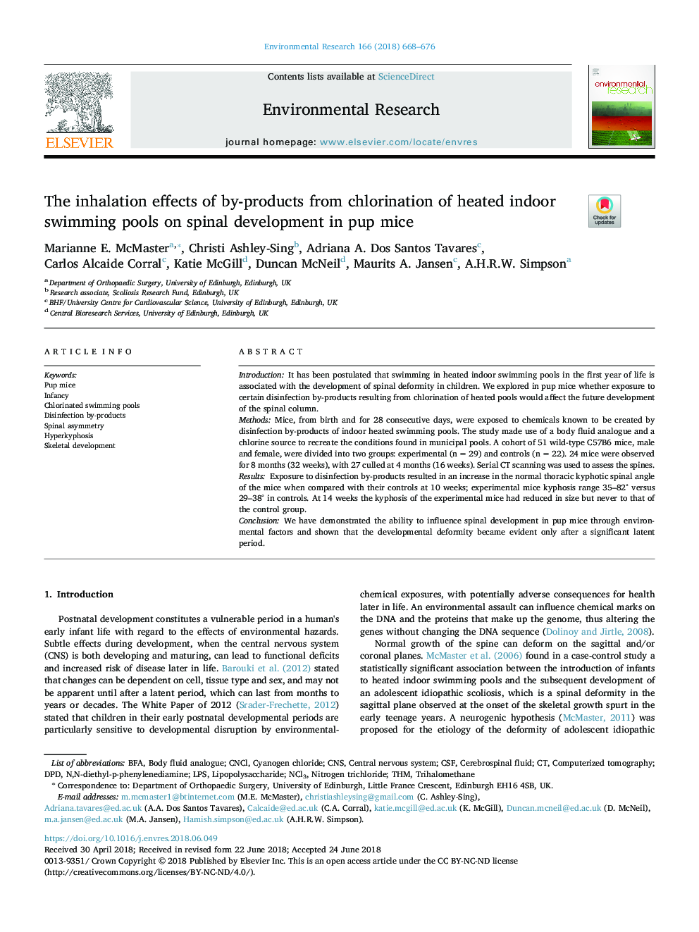 The inhalation effects of by-products from chlorination of heated indoor swimming pools on spinal development in pup mice