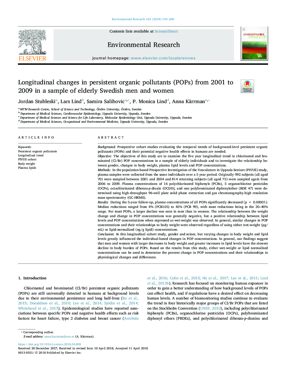 Longitudinal changes in persistent organic pollutants (POPs) from 2001 to 2009 in a sample of elderly Swedish men and women