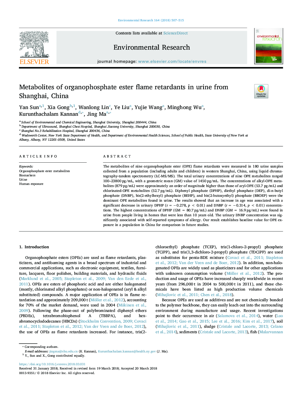 Metabolites of organophosphate ester flame retardants in urine from Shanghai, China