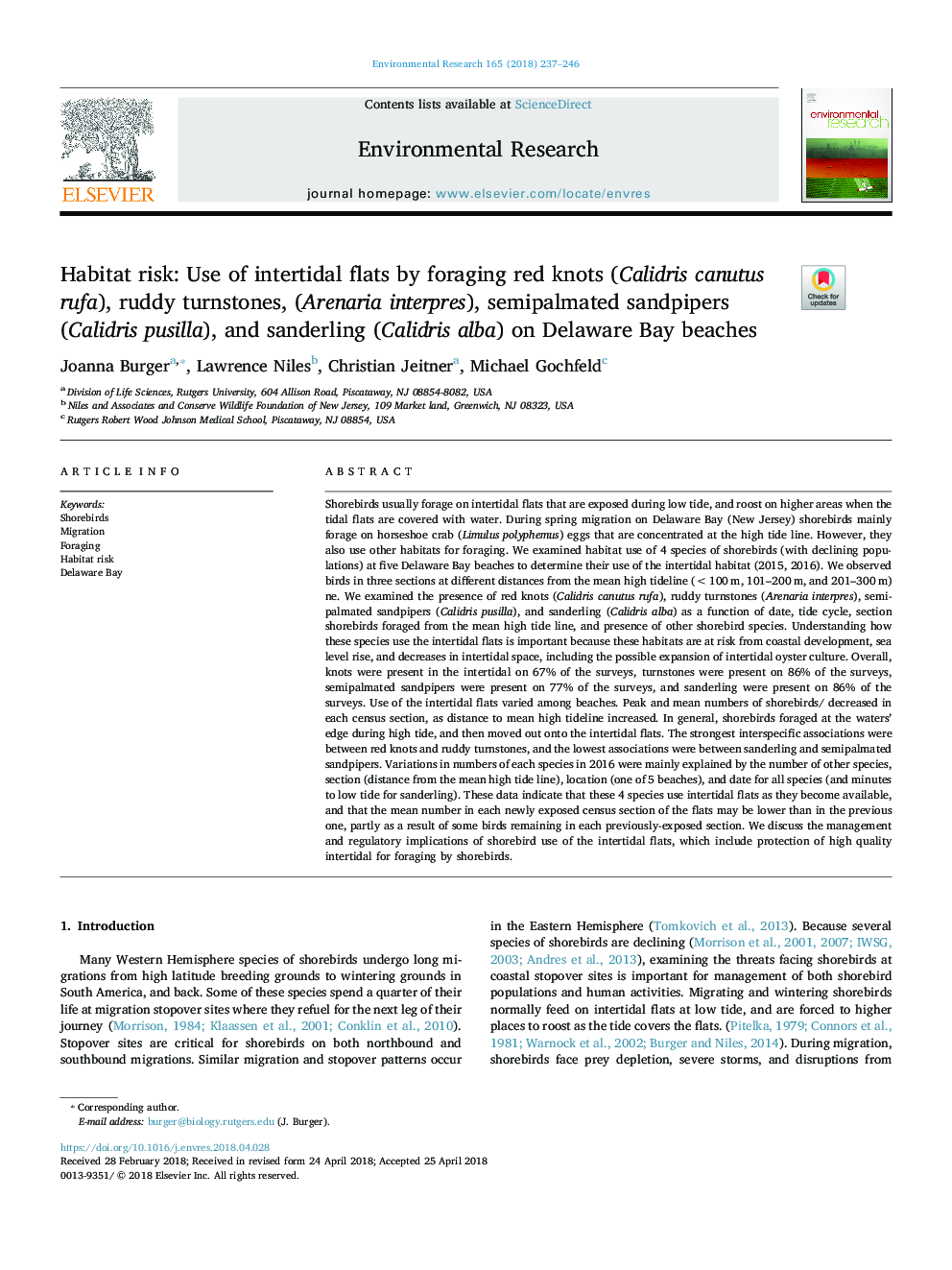 Habitat risk: Use of intertidal flats by foraging red knots (Calidris canutus rufa), ruddy turnstones, (Arenaria interpres), semipalmated sandpipers (Calidris pusilla), and sanderling (Calidris alba) on Delaware Bay beaches