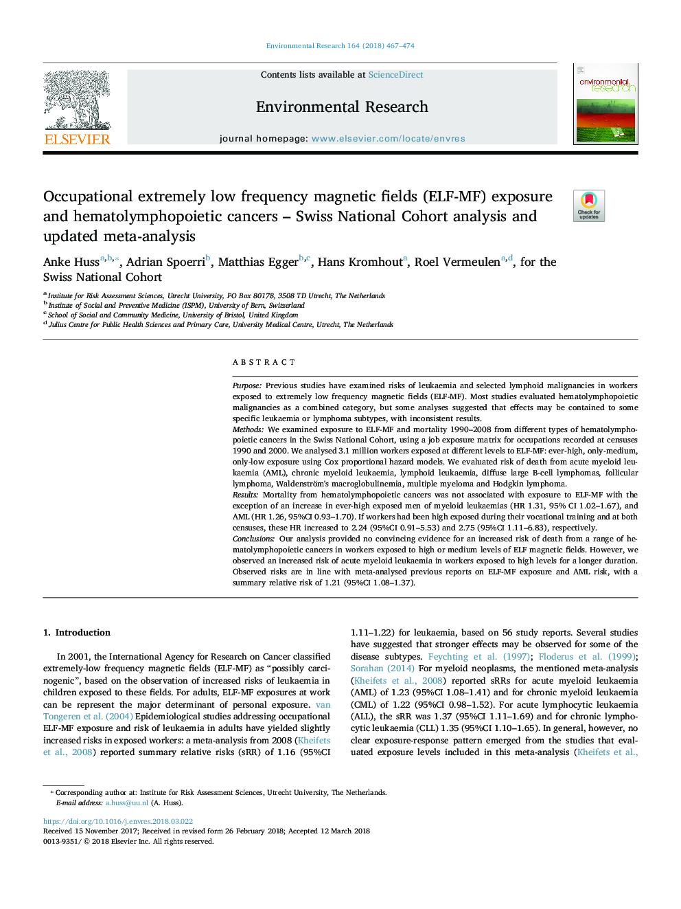 Occupational extremely low frequency magnetic fields (ELF-MF) exposure and hematolymphopoietic cancers - Swiss National Cohort analysis and updated meta-analysis