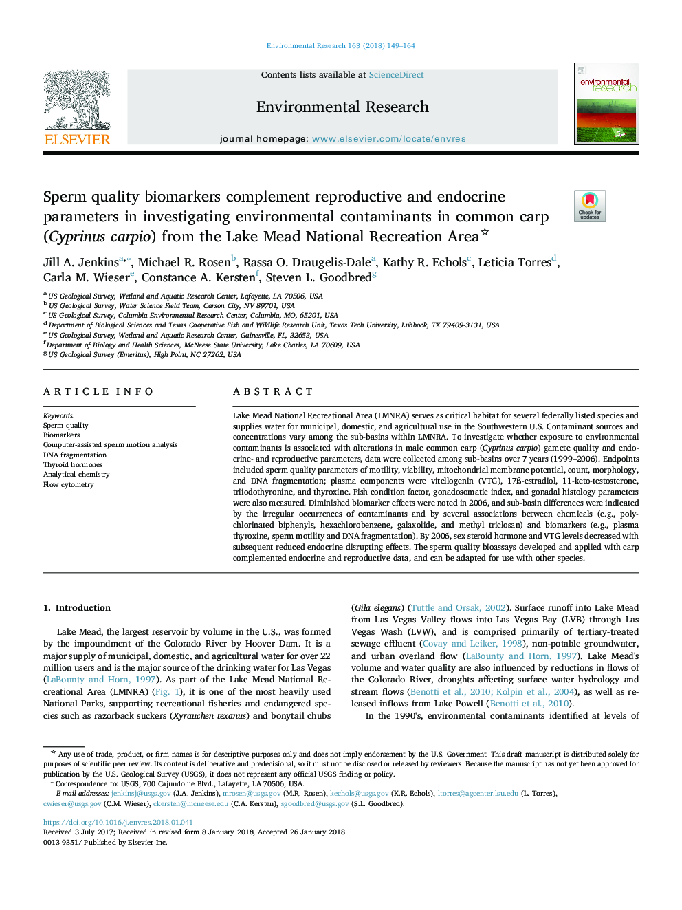 Sperm quality biomarkers complement reproductive and endocrine parameters in investigating environmental contaminants in common carp (Cyprinus carpio) from the Lake Mead National Recreation Area