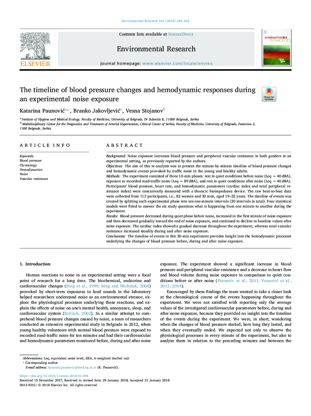 The timeline of blood pressure changes and hemodynamic responses during an experimental noise exposure