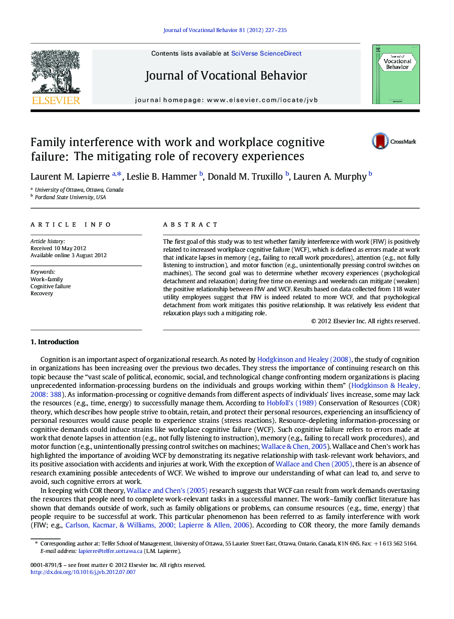 Family interference with work and workplace cognitive failure: The mitigating role of recovery experiences