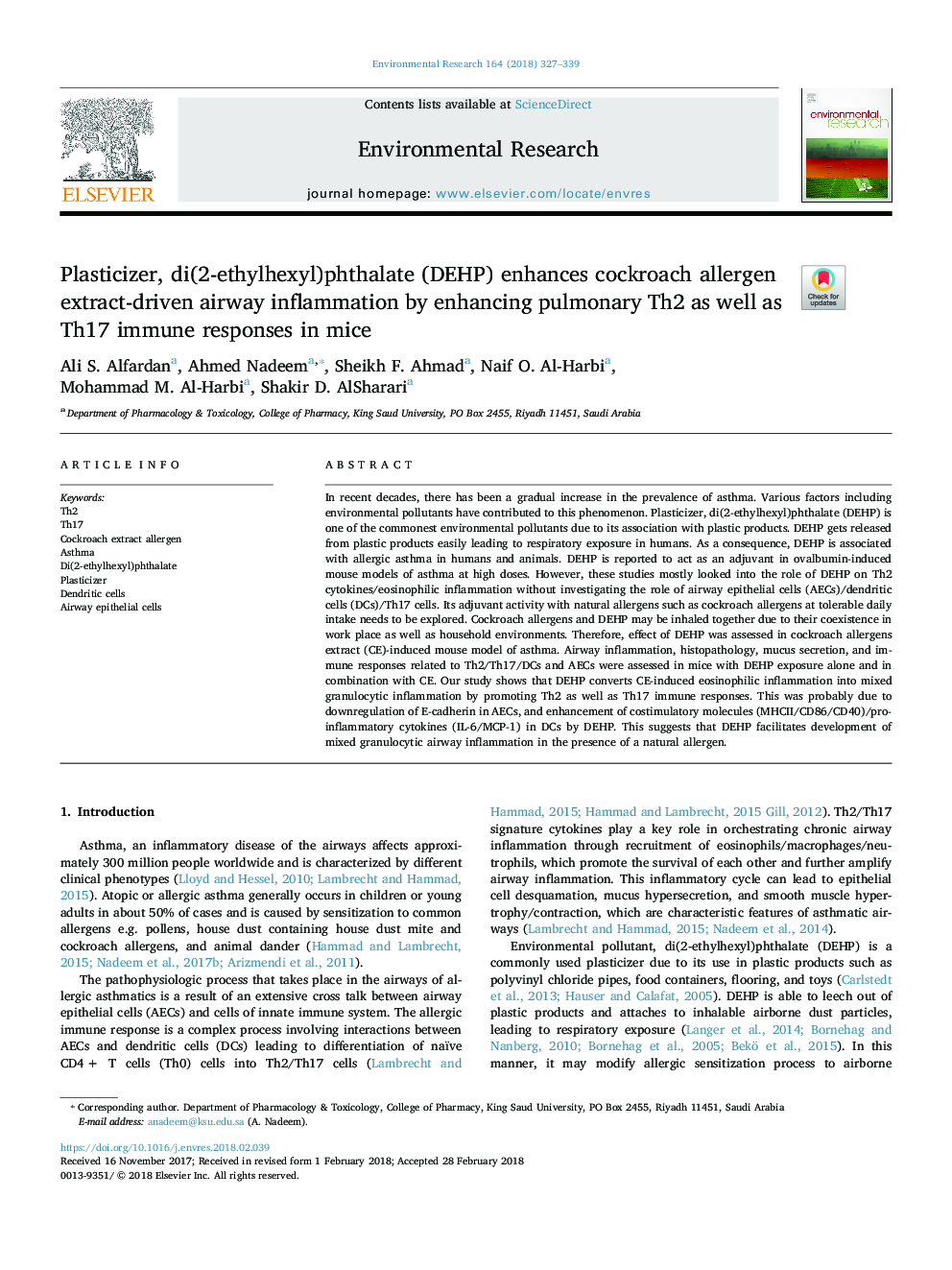 Plasticizer, di(2-ethylhexyl)phthalate (DEHP) enhances cockroach allergen extract-driven airway inflammation by enhancing pulmonary Th2 as well as Th17 immune responses in mice