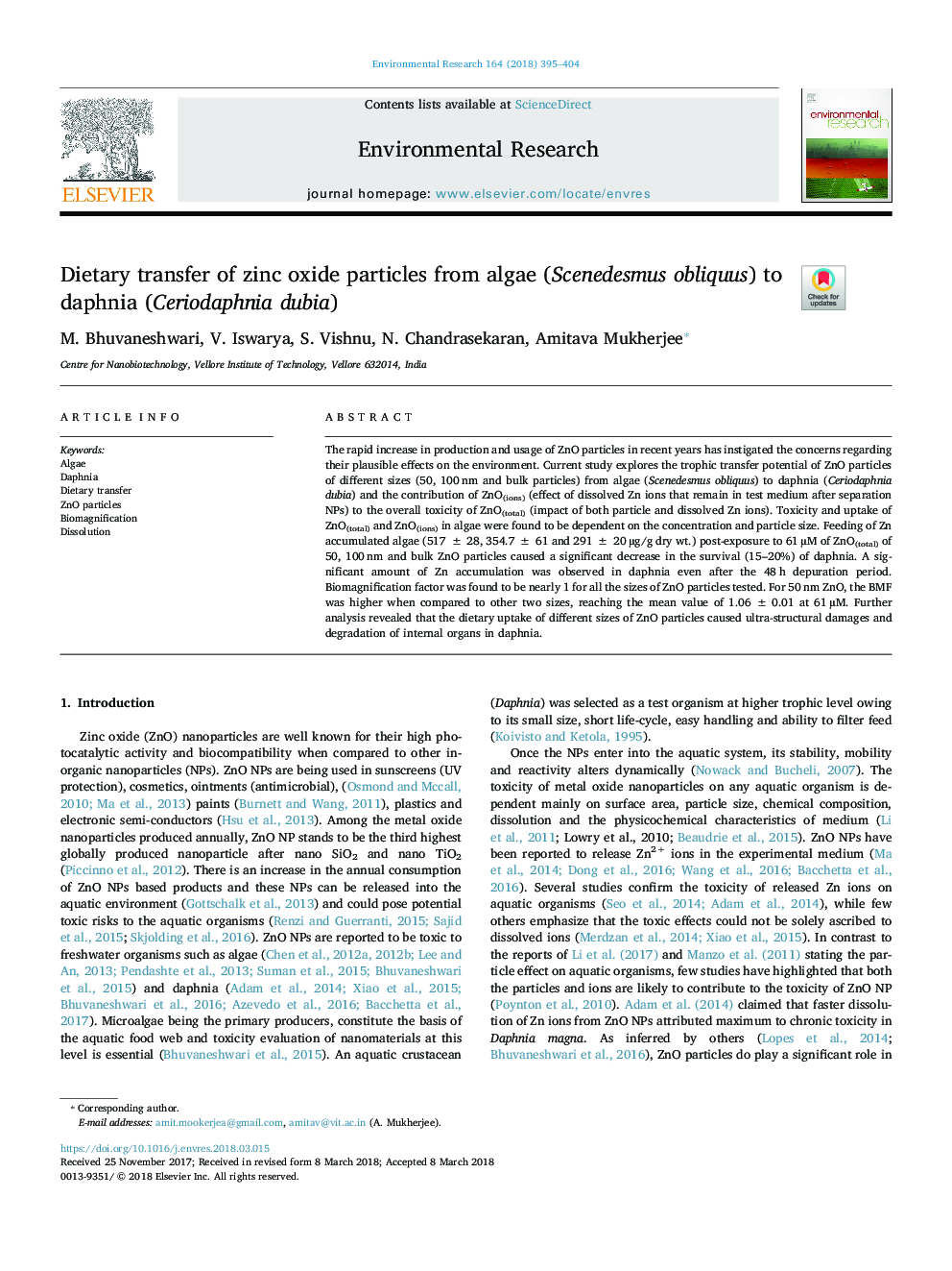 Dietary transfer of zinc oxide particles from algae (Scenedesmus obliquus) to daphnia (Ceriodaphnia dubia)