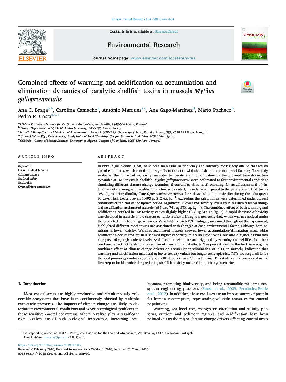 Combined effects of warming and acidification on accumulation and elimination dynamics of paralytic shellfish toxins in mussels Mytilus galloprovincialis