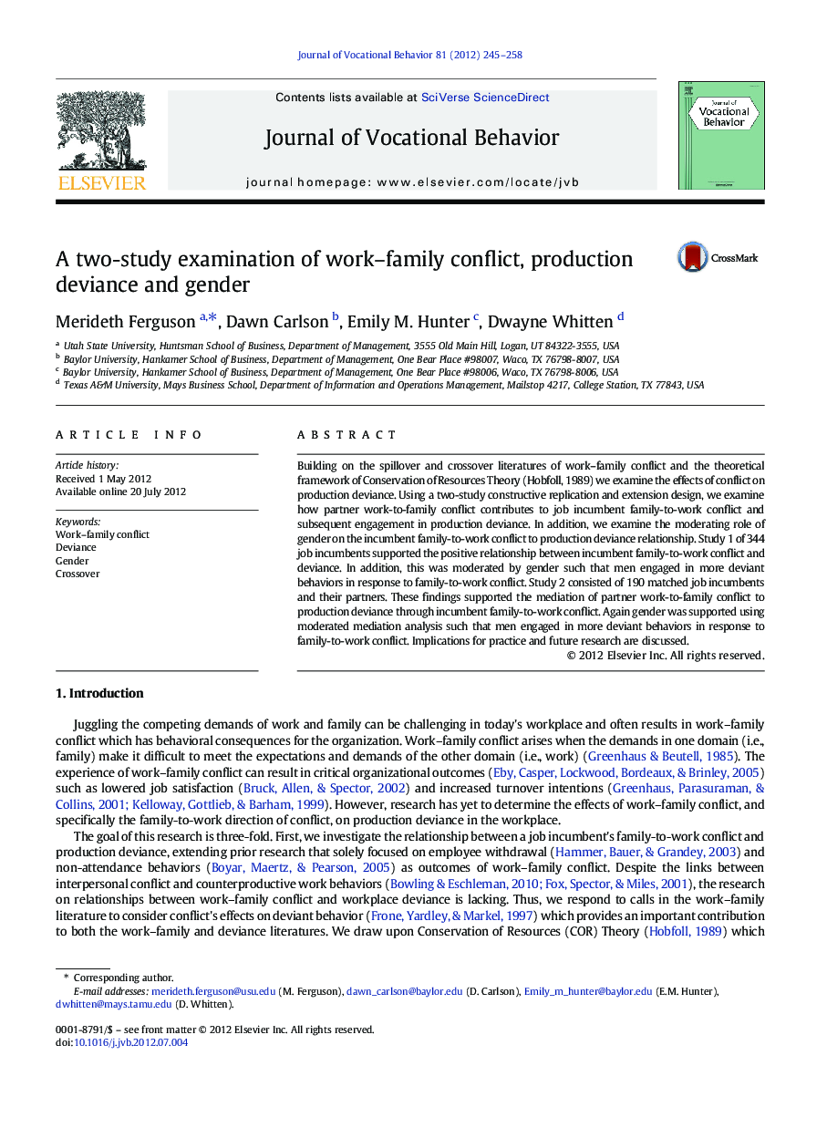 A two-study examination of work–family conflict, production deviance and gender