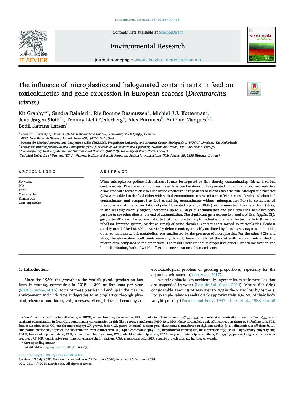 The influence of microplastics and halogenated contaminants in feed on toxicokinetics and gene expression in European seabass (Dicentrarchus labrax)