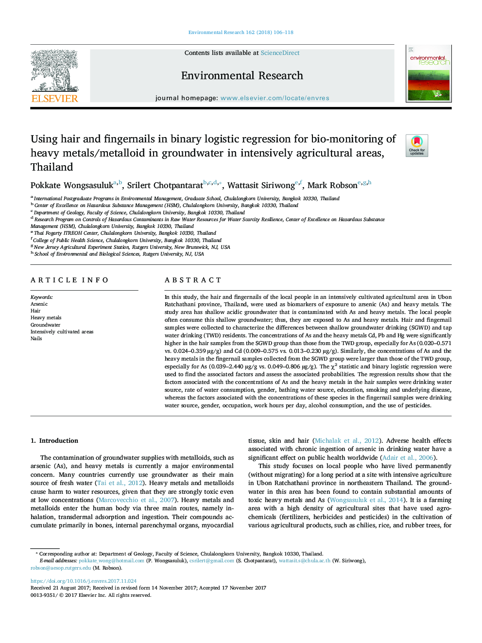 Using hair and fingernails in binary logistic regression for bio-monitoring of heavy metals/metalloid in groundwater in intensively agricultural areas, Thailand