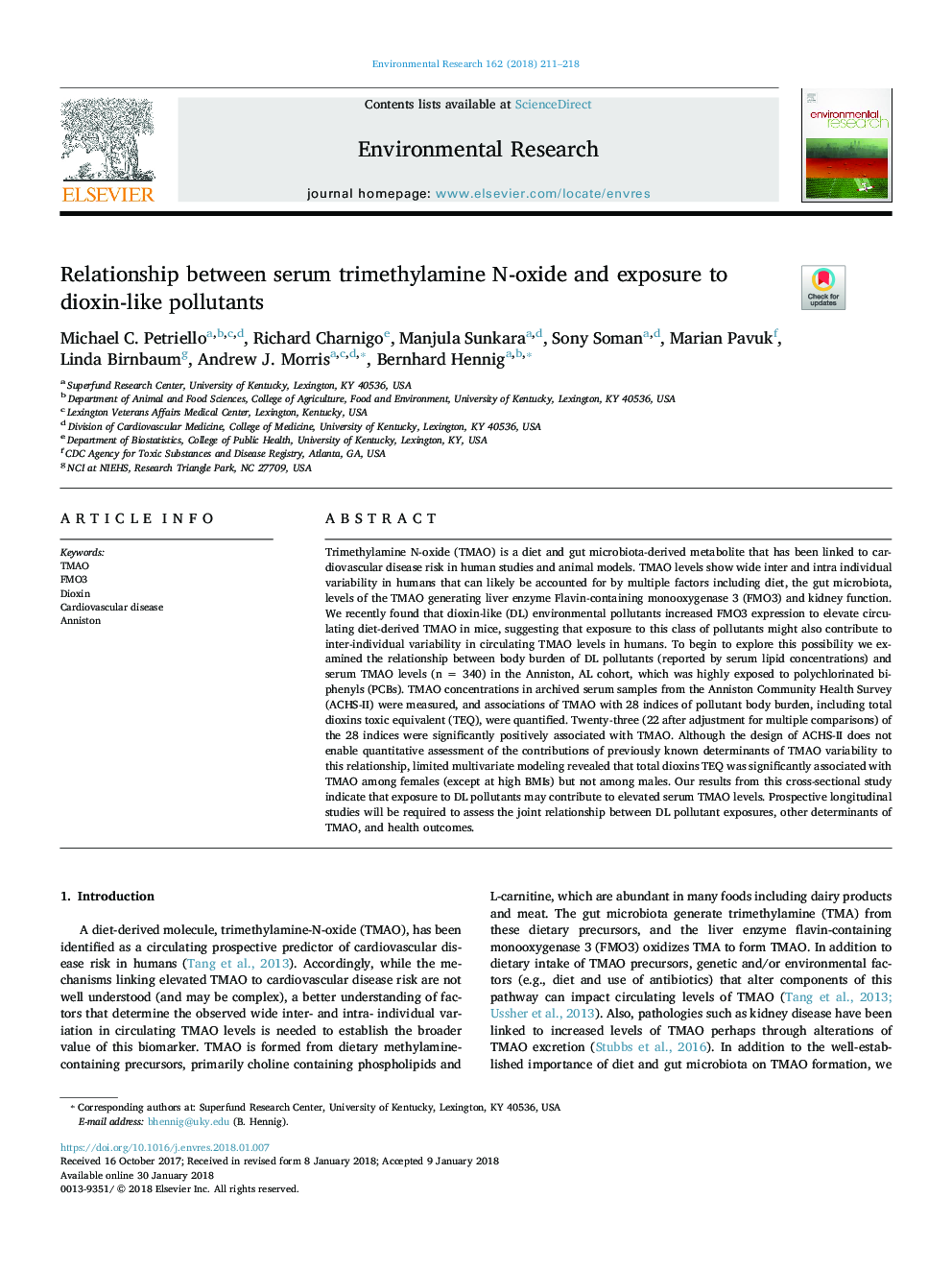 Relationship between serum trimethylamine N-oxide and exposure to dioxin-like pollutants