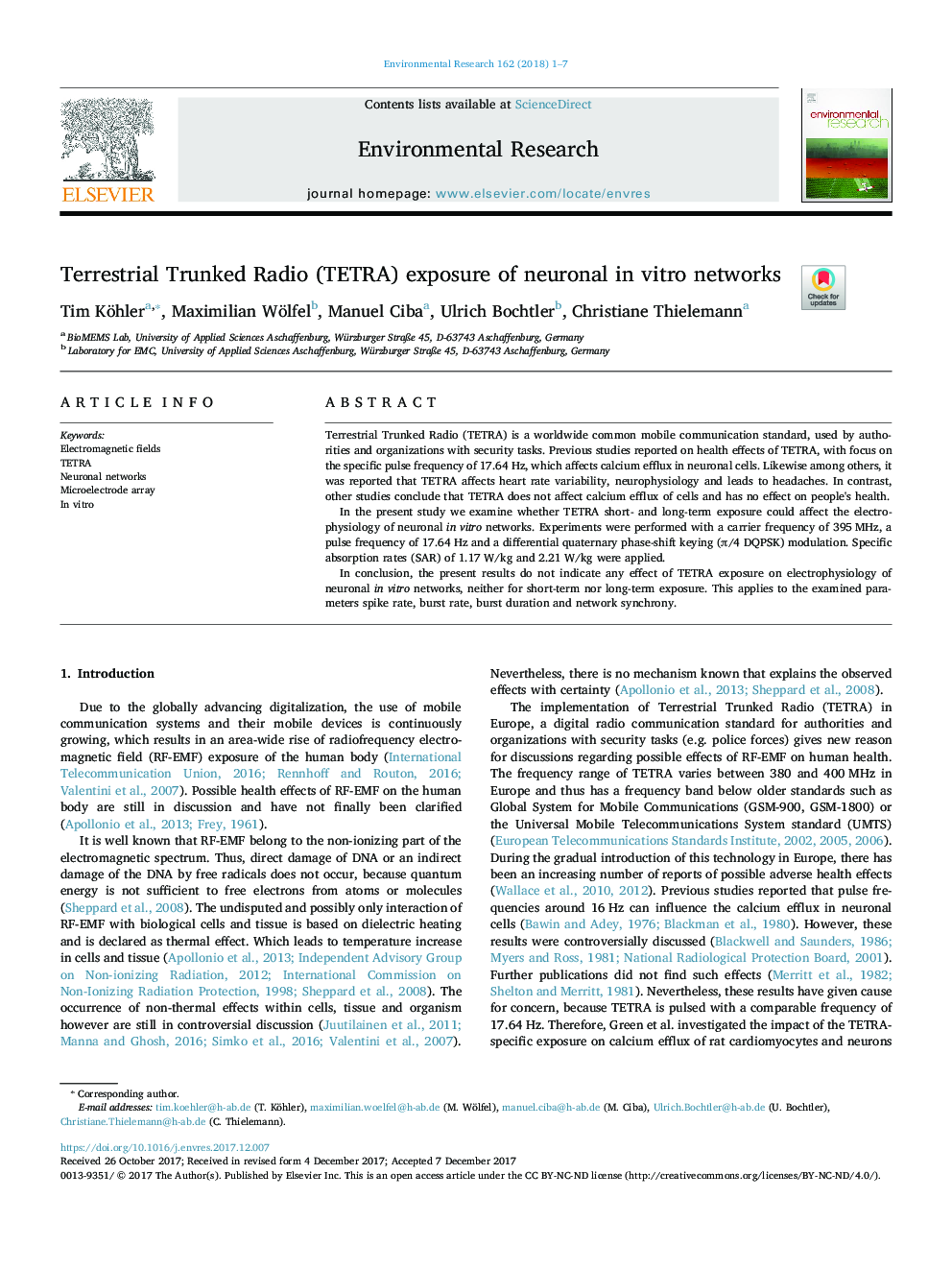 Terrestrial Trunked Radio (TETRA) exposure of neuronal in vitro networks