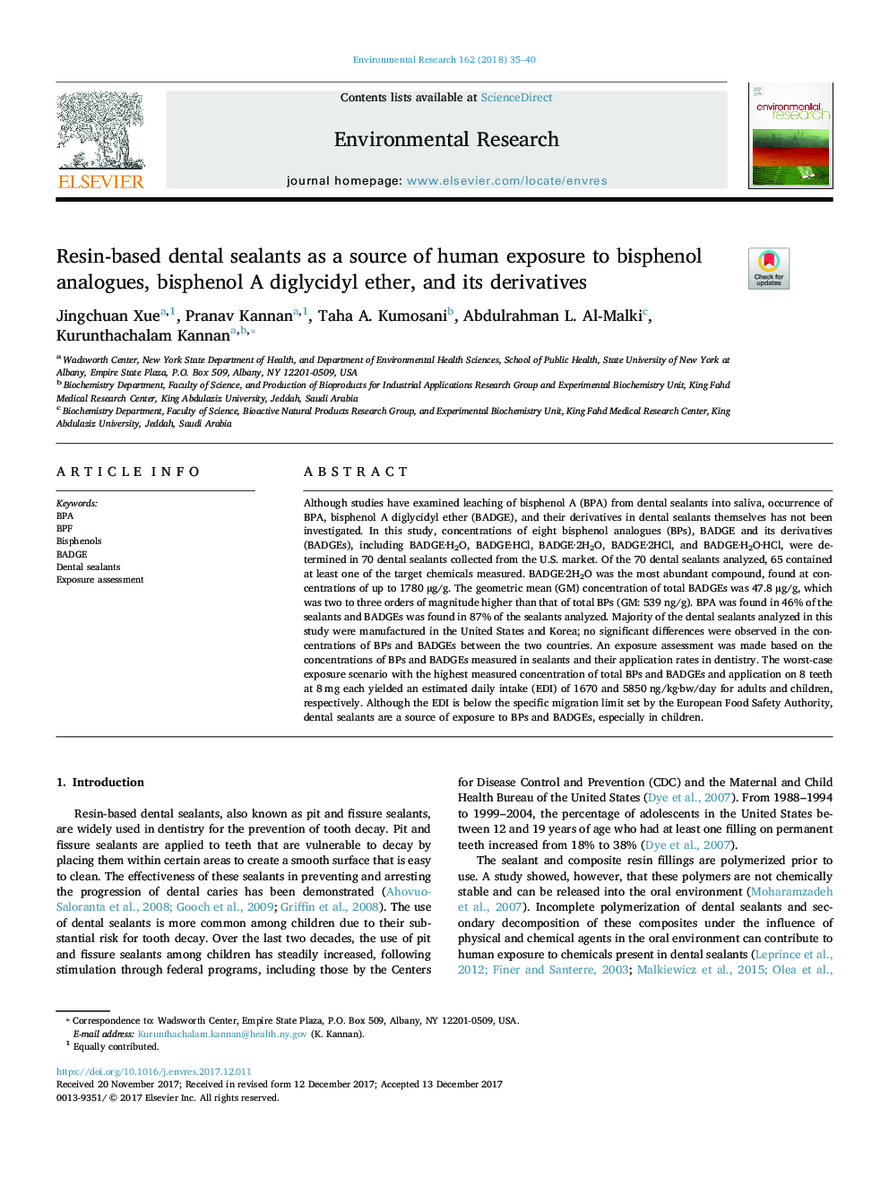 Resin-based dental sealants as a source of human exposure to bisphenol analogues, bisphenol A diglycidyl ether, and its derivatives