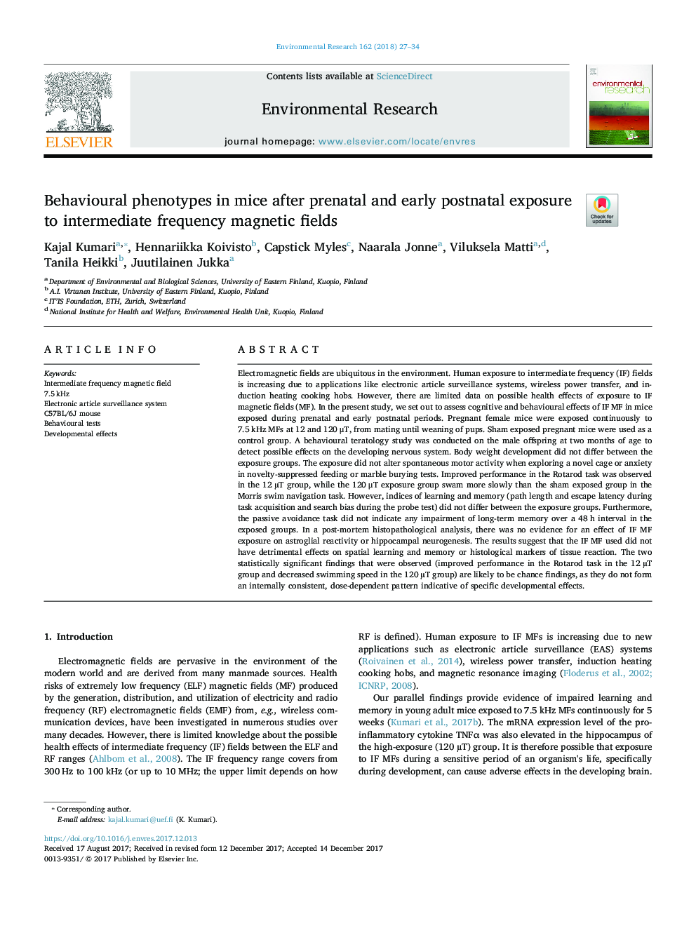 Behavioural phenotypes in mice after prenatal and early postnatal exposure to intermediate frequency magnetic fields